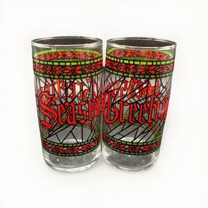 Houze Season's Greetings Tumbler Glasses Stain Glass Christmas Vintage Barware